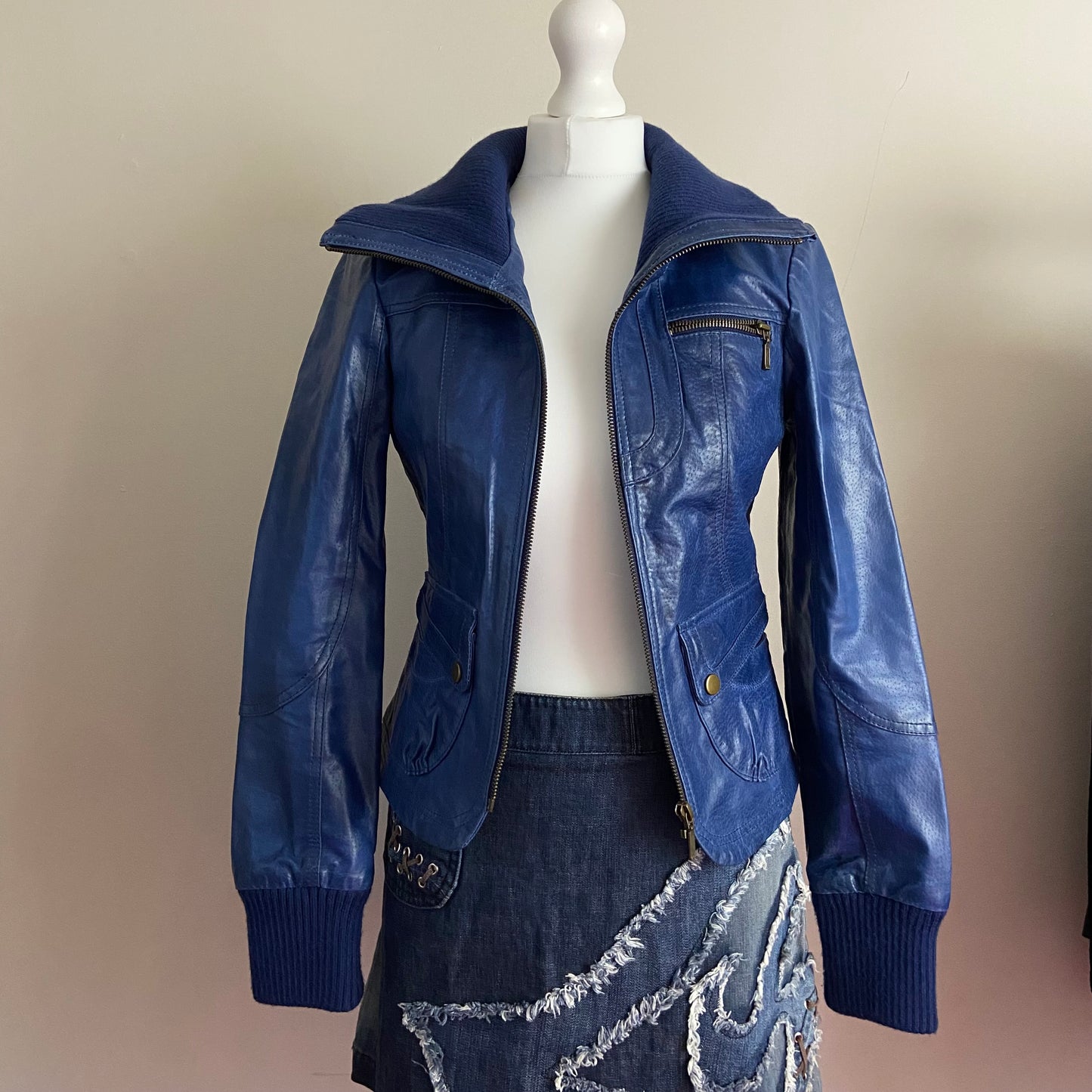 00s Blue Leather Jacket - Size XS
