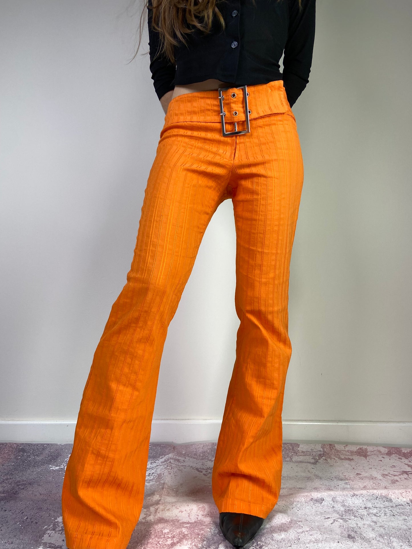 00's Orange Flares with Belt - Size XS - Funky Cat