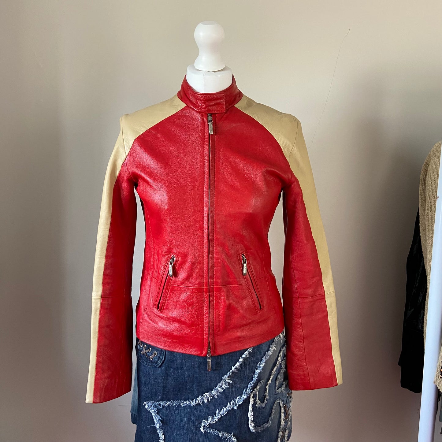 00s Red & Beige Leather Racer Motorcycle Jacket - Size S