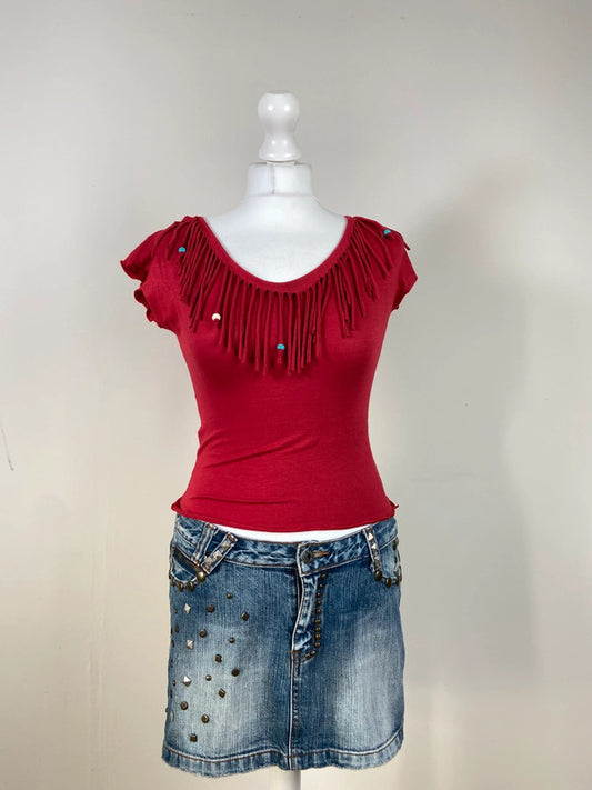 90s Beaded Fringe Baby Tee - Size M