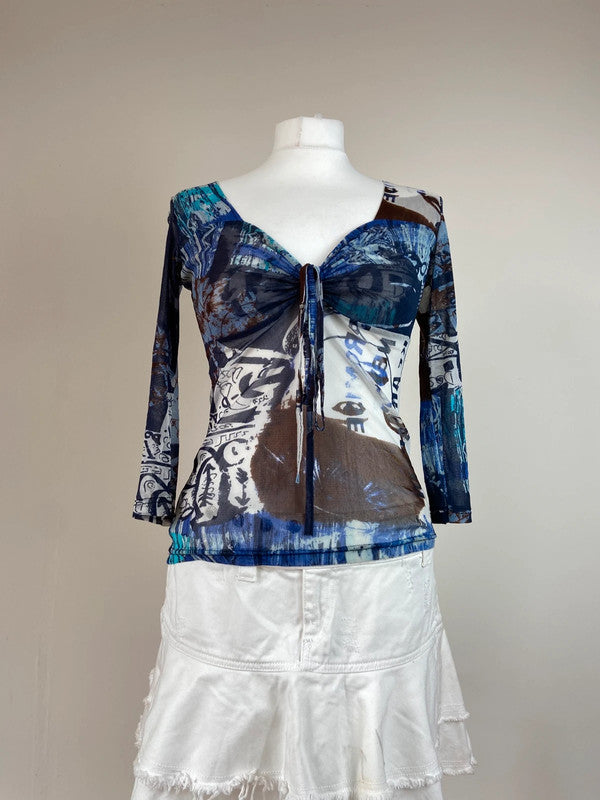 00s Graphic Print Mesh Long Sleeve Top - Size M