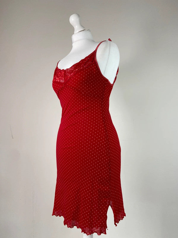 00s Red Polka Dot Lace Dress - Size S
