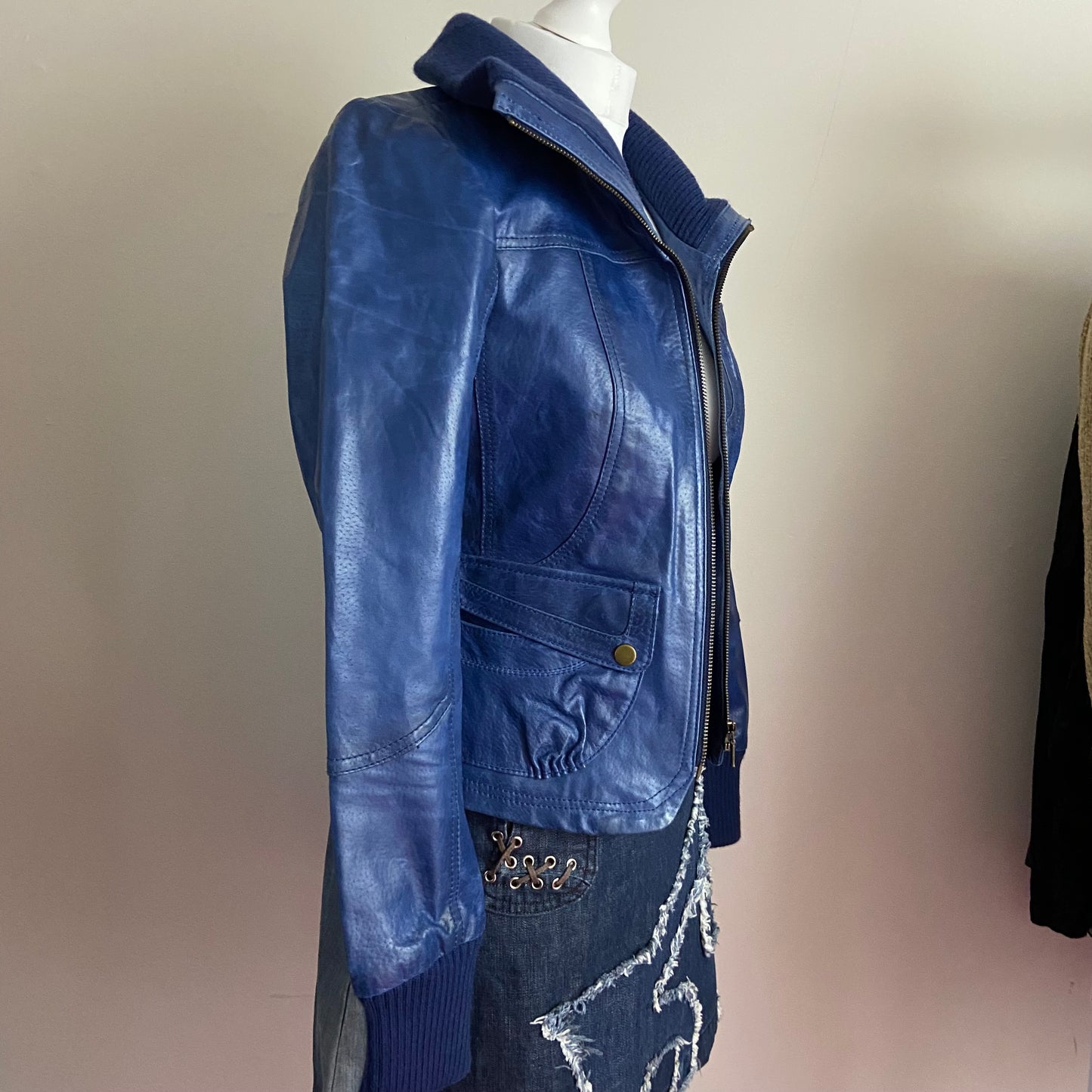 00s Blue Leather Jacket - Size XS