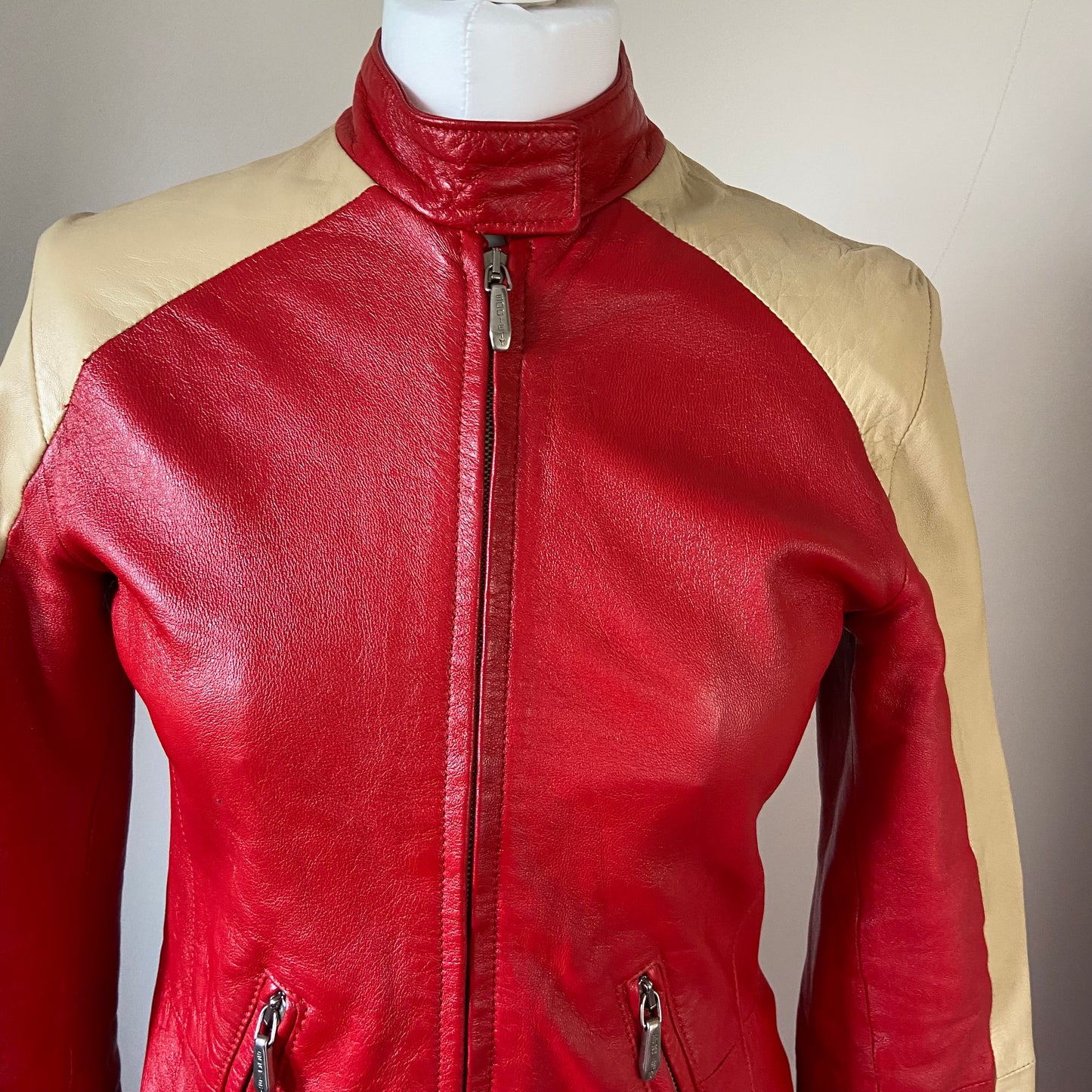 00s Red & Beige Leather Racer Motorcycle Jacket - Size S