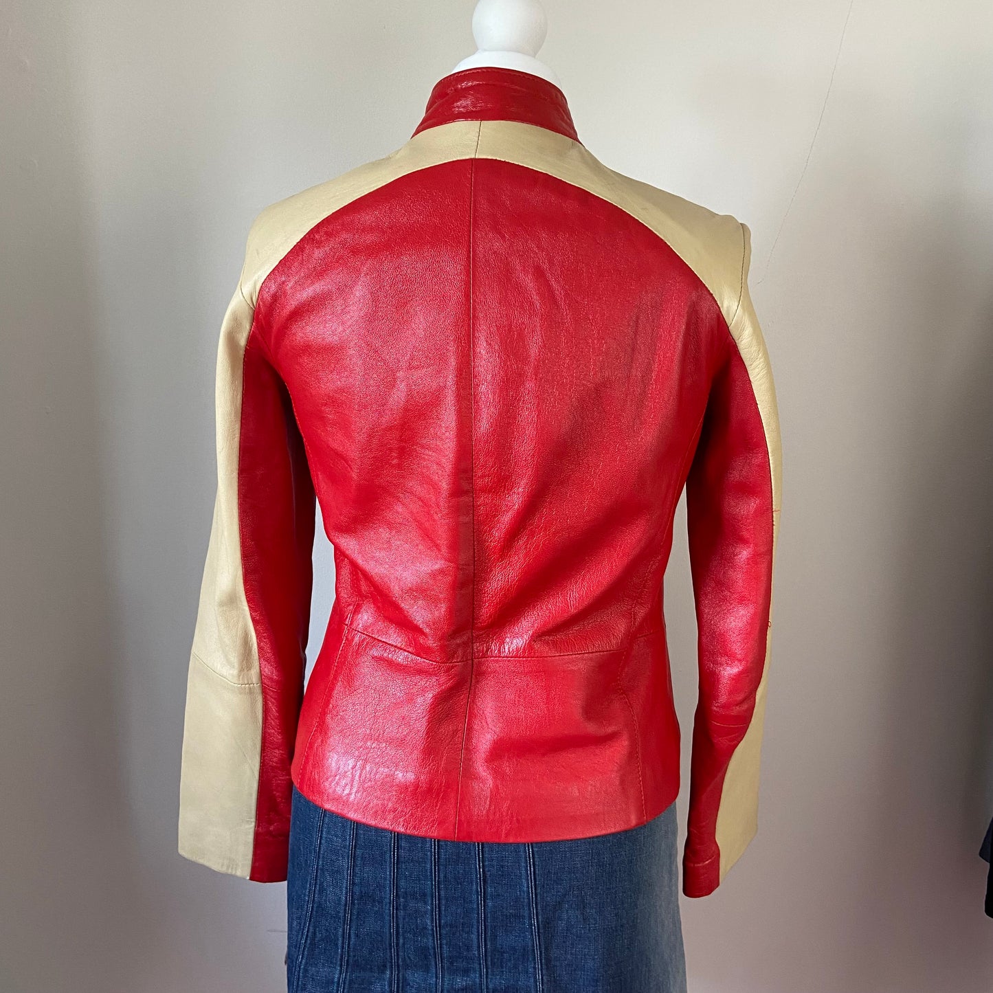 00s Red & Beige Leather Racer Motorcycle Jacket - Size S