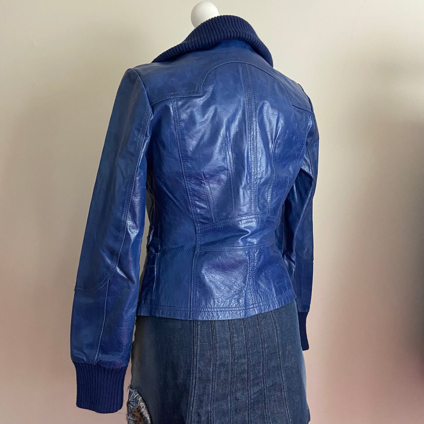 00s Blue Leather Jacket - Size XS