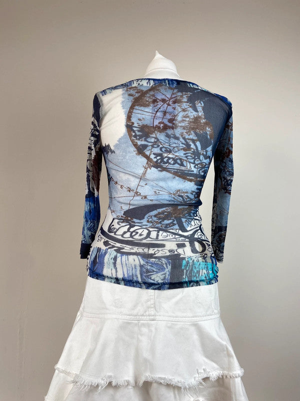 00s Graphic Print Mesh Long Sleeve Top - Size M