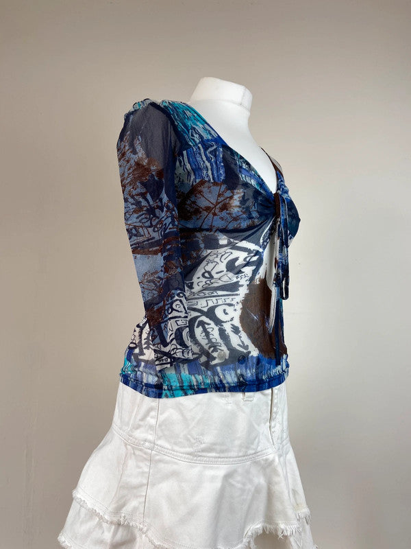 00s Graphic Print Mesh Long Sleeve Top - Size M