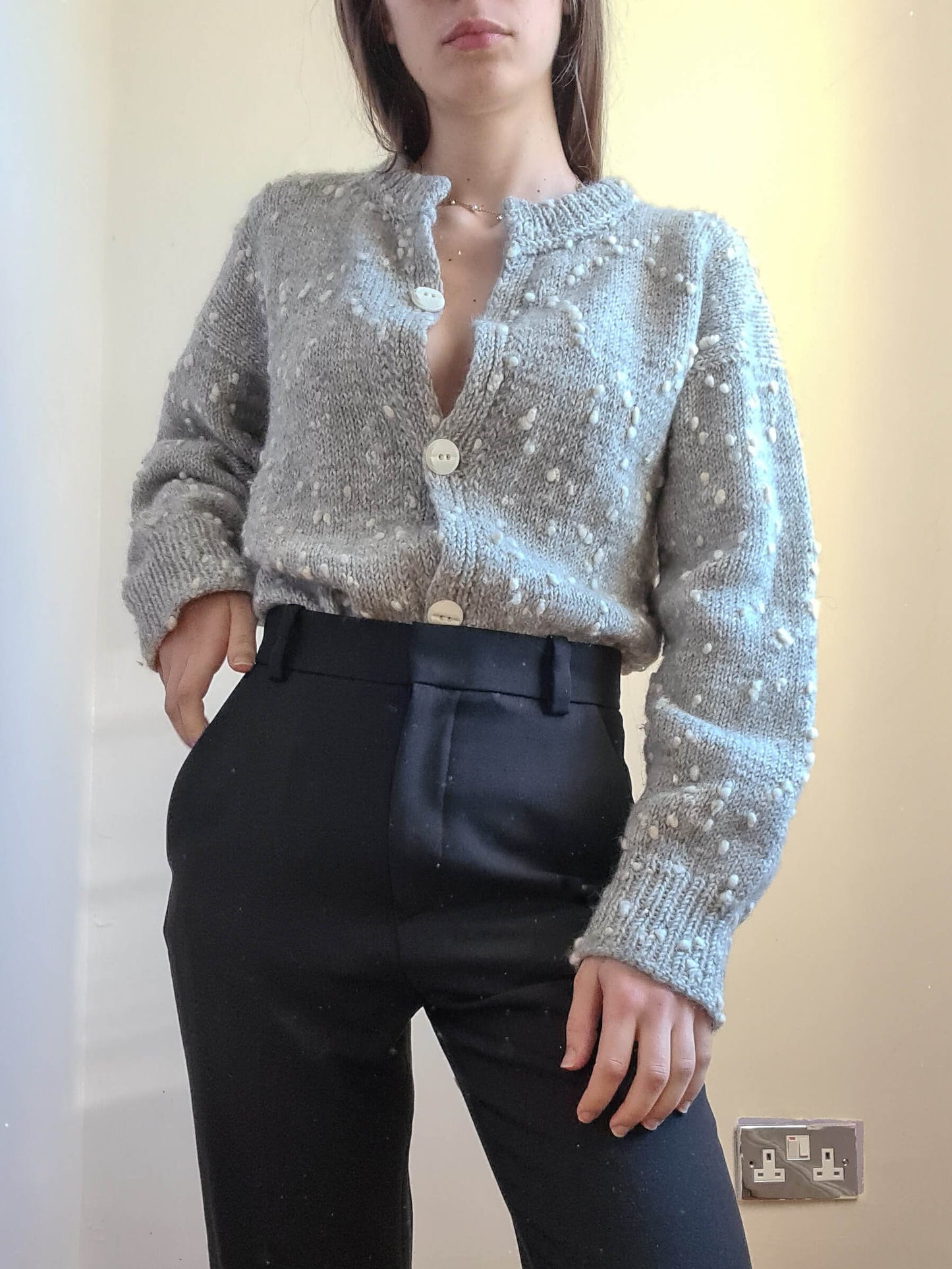 Grey Vintage Hand Knitted Wool Maxy Cardigan - S/M - Funky Cat