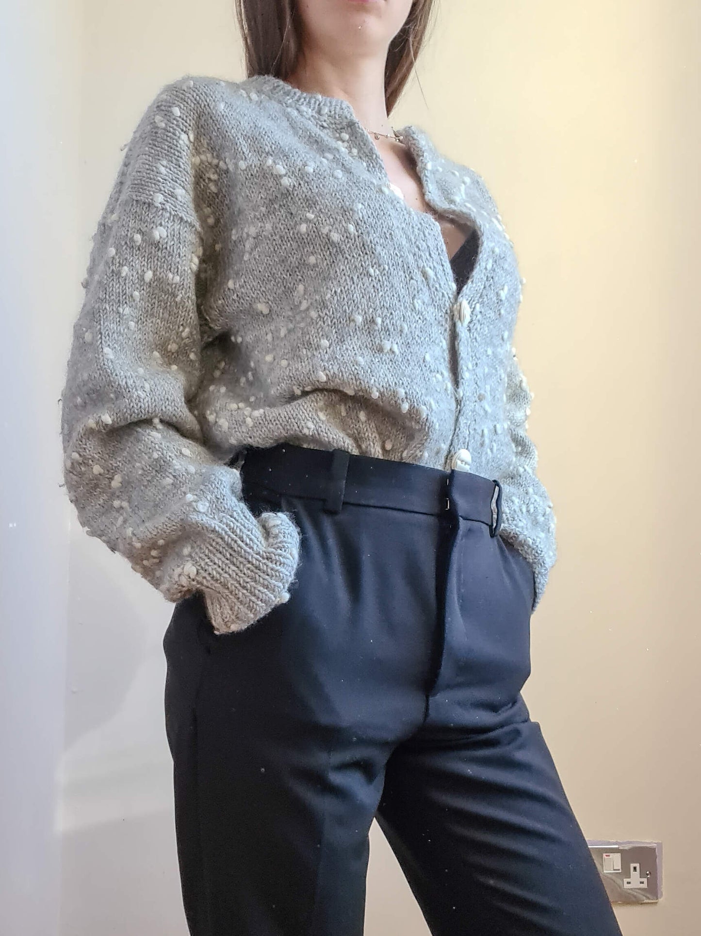 Grey Vintage Hand Knitted Wool Maxy Cardigan - S/M - Funky Cat