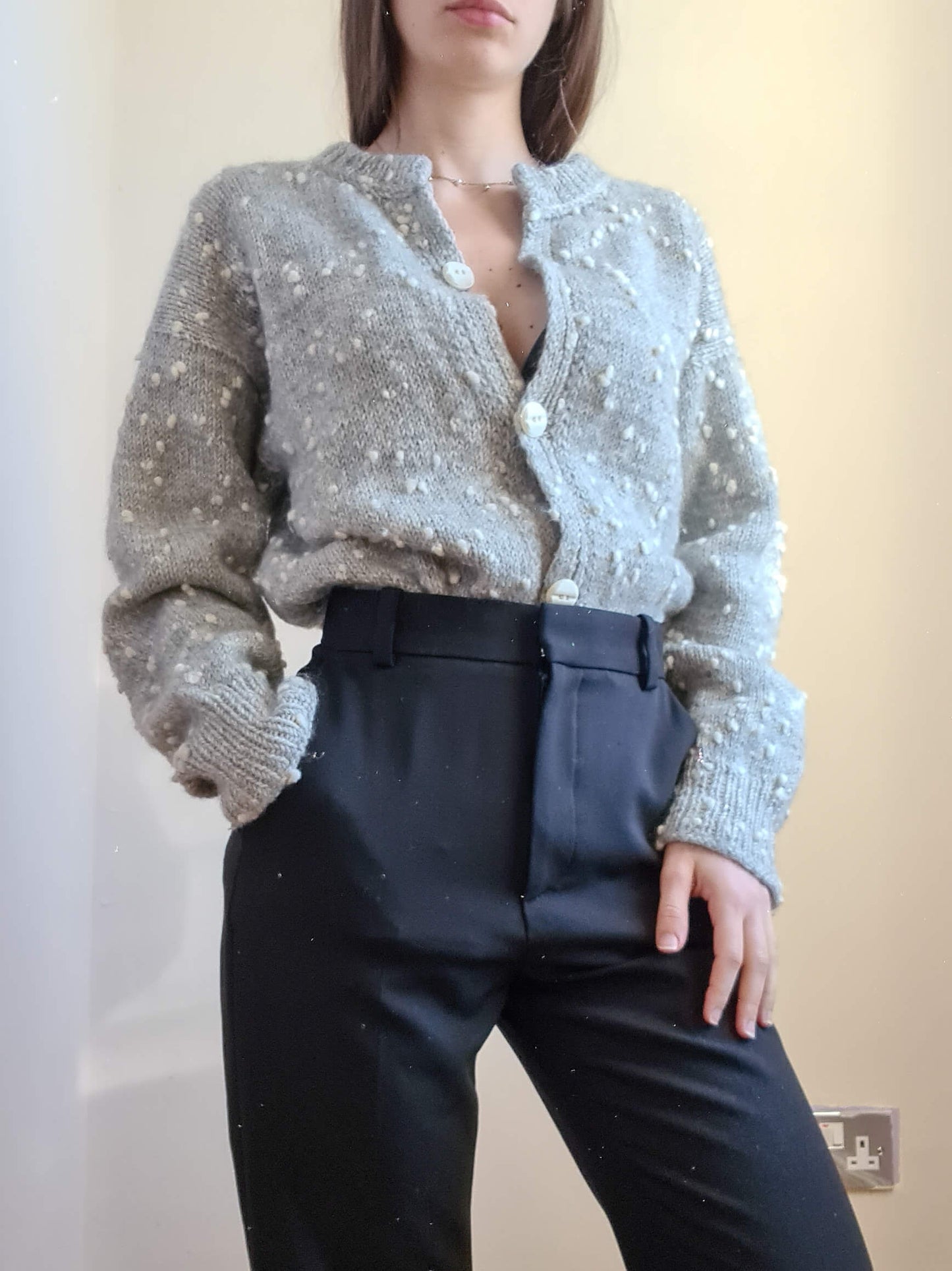 Grey Vintage Hand Knitted Wool Maxy Cardigan - S/M - Funky Cat