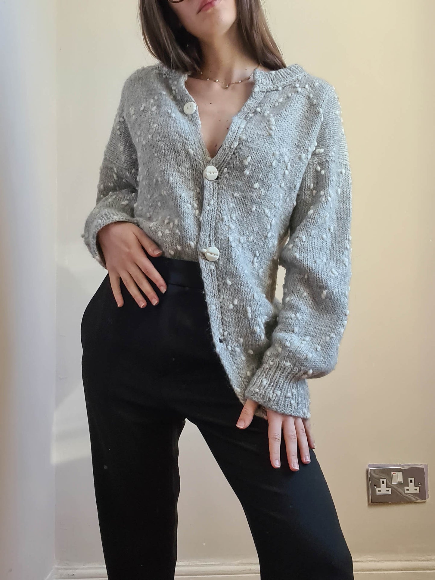 Grey Vintage Hand Knitted Wool Maxy Cardigan - S/M - Funky Cat