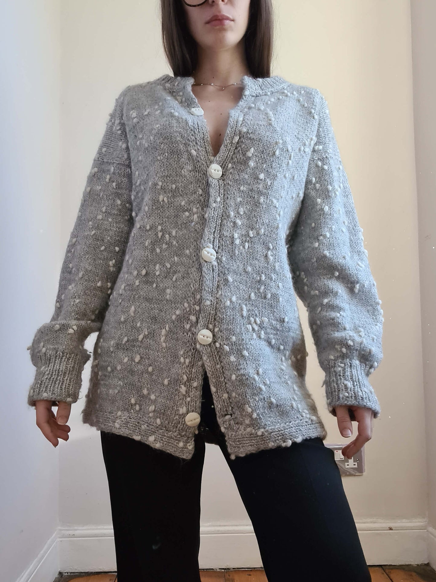 Grey Vintage Hand Knitted Wool Maxy Cardigan - S/M - Funky Cat