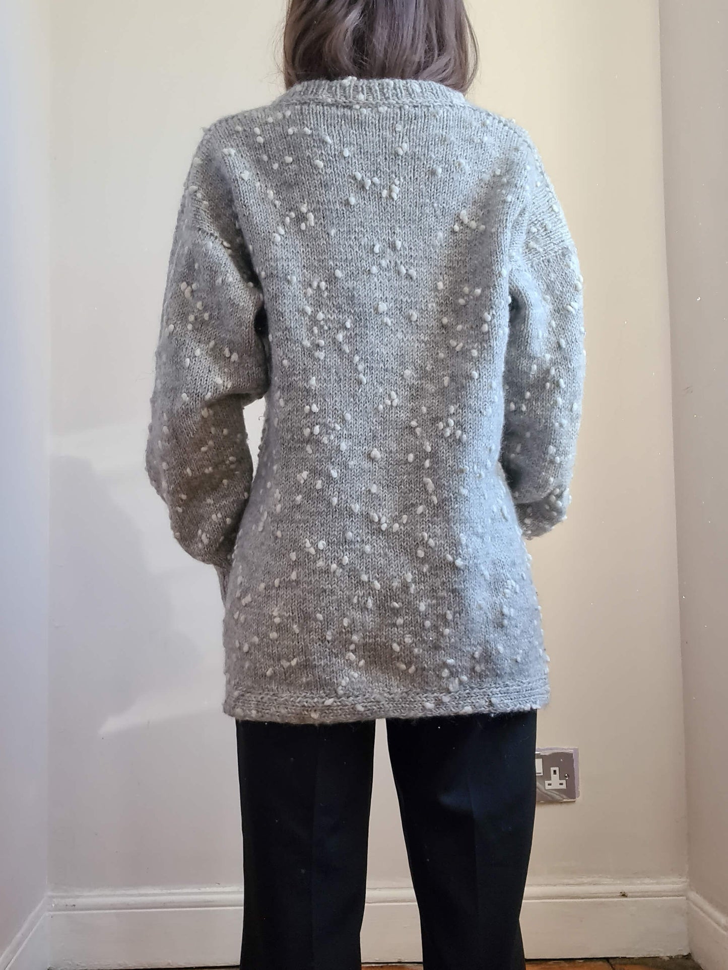 Grey Vintage Hand Knitted Wool Maxy Cardigan - S/M - Funky Cat