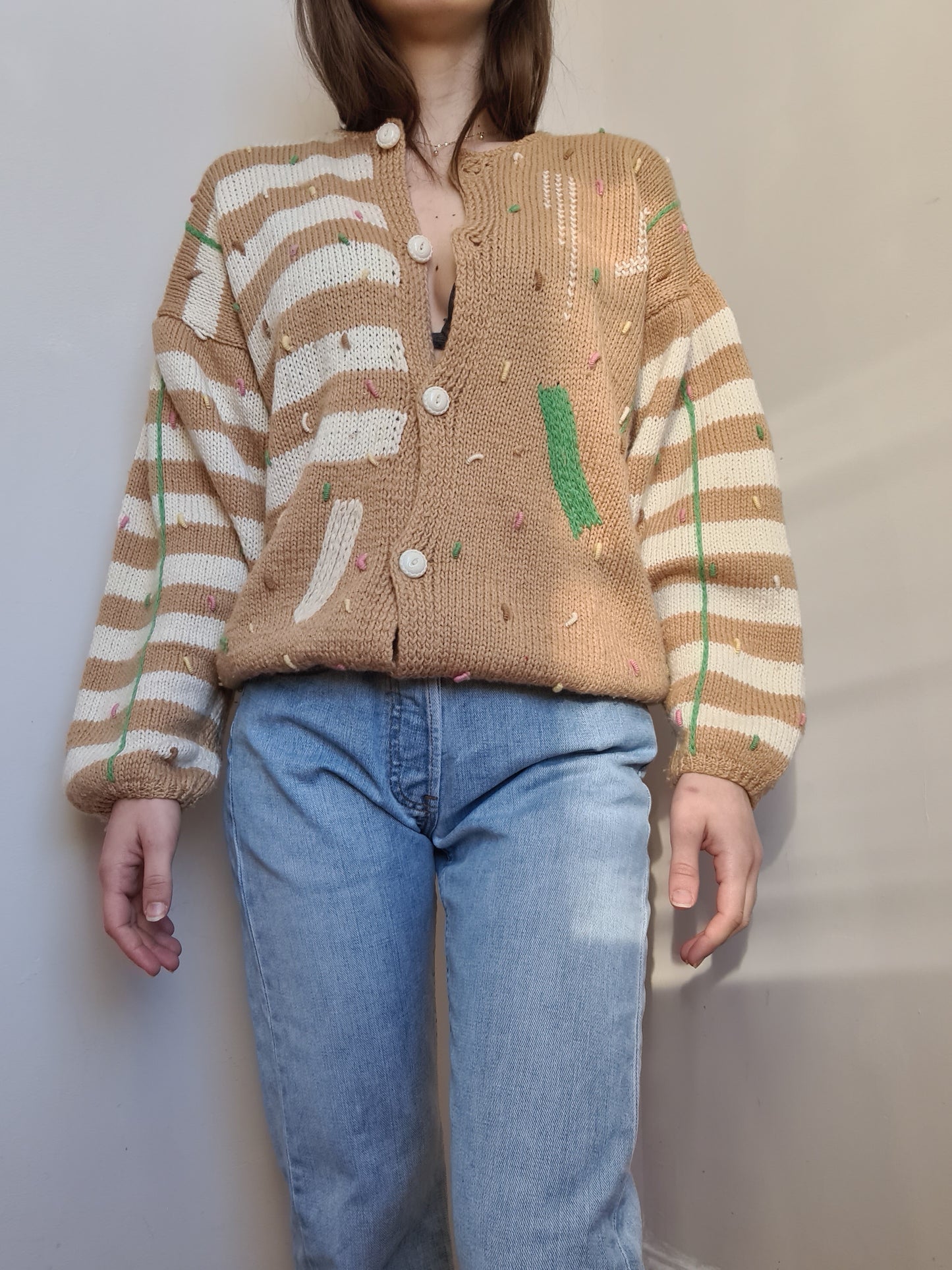 Tan Vintage Hand Knitted Wool Cardigan - S - Funky Cat