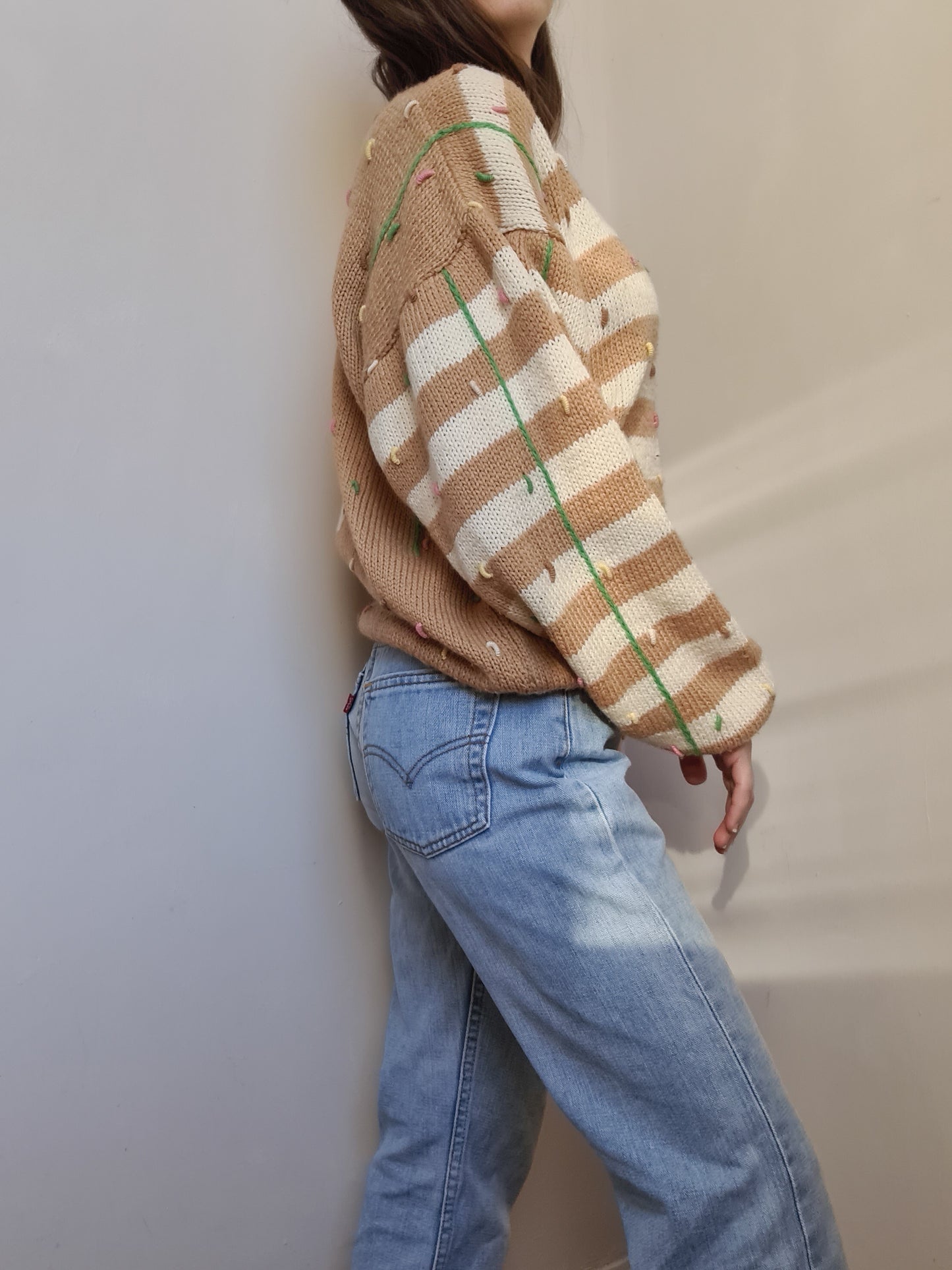 Tan Vintage Hand Knitted Wool Cardigan - S - Funky Cat