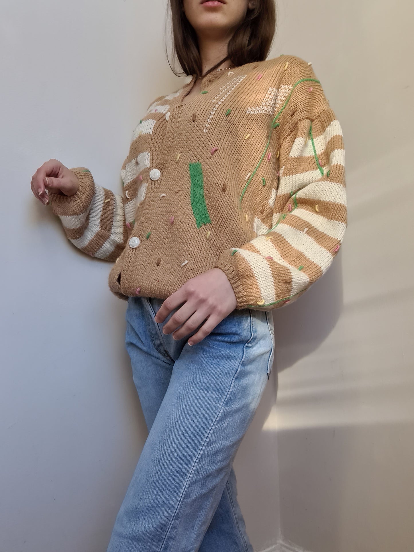 Tan Vintage Hand Knitted Wool Cardigan - S - Funky Cat