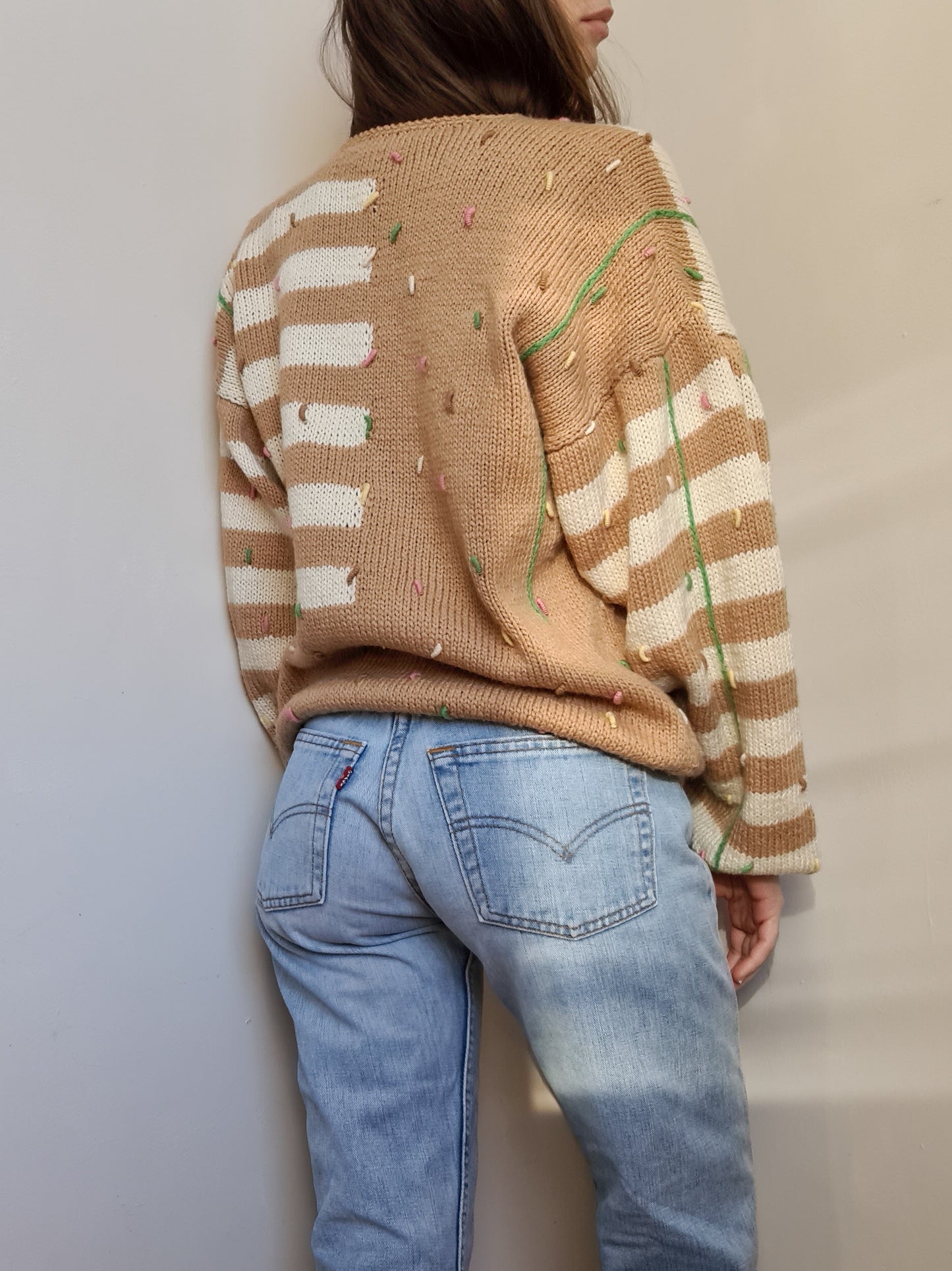 Tan Vintage Hand Knitted Wool Cardigan - S - Funky Cat