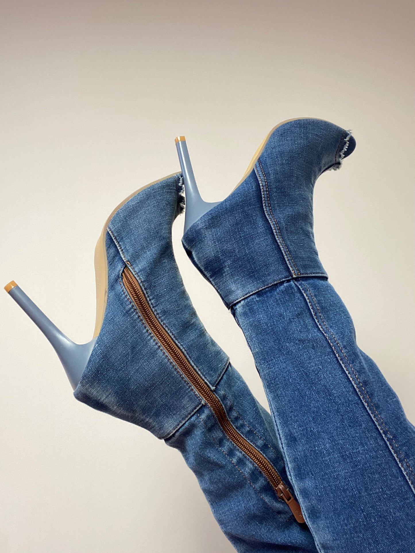 Heel knee-high denim boots - Funky Cat