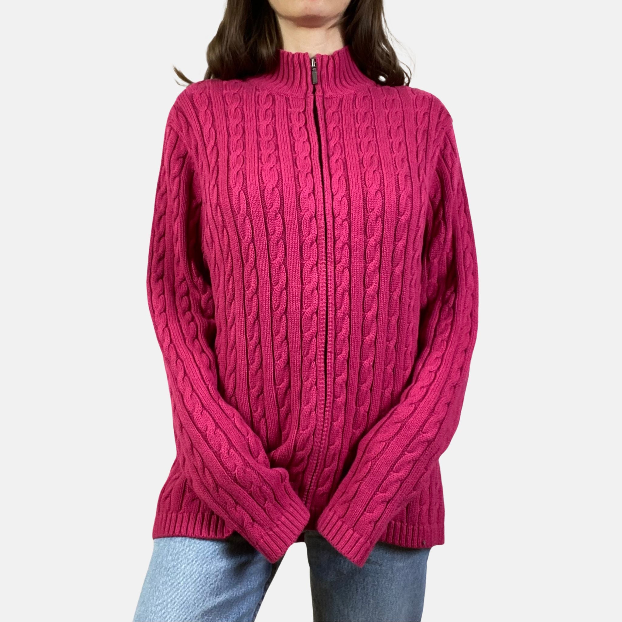 90s Cable Knit Zip Jumper - Size L - Funky Cat