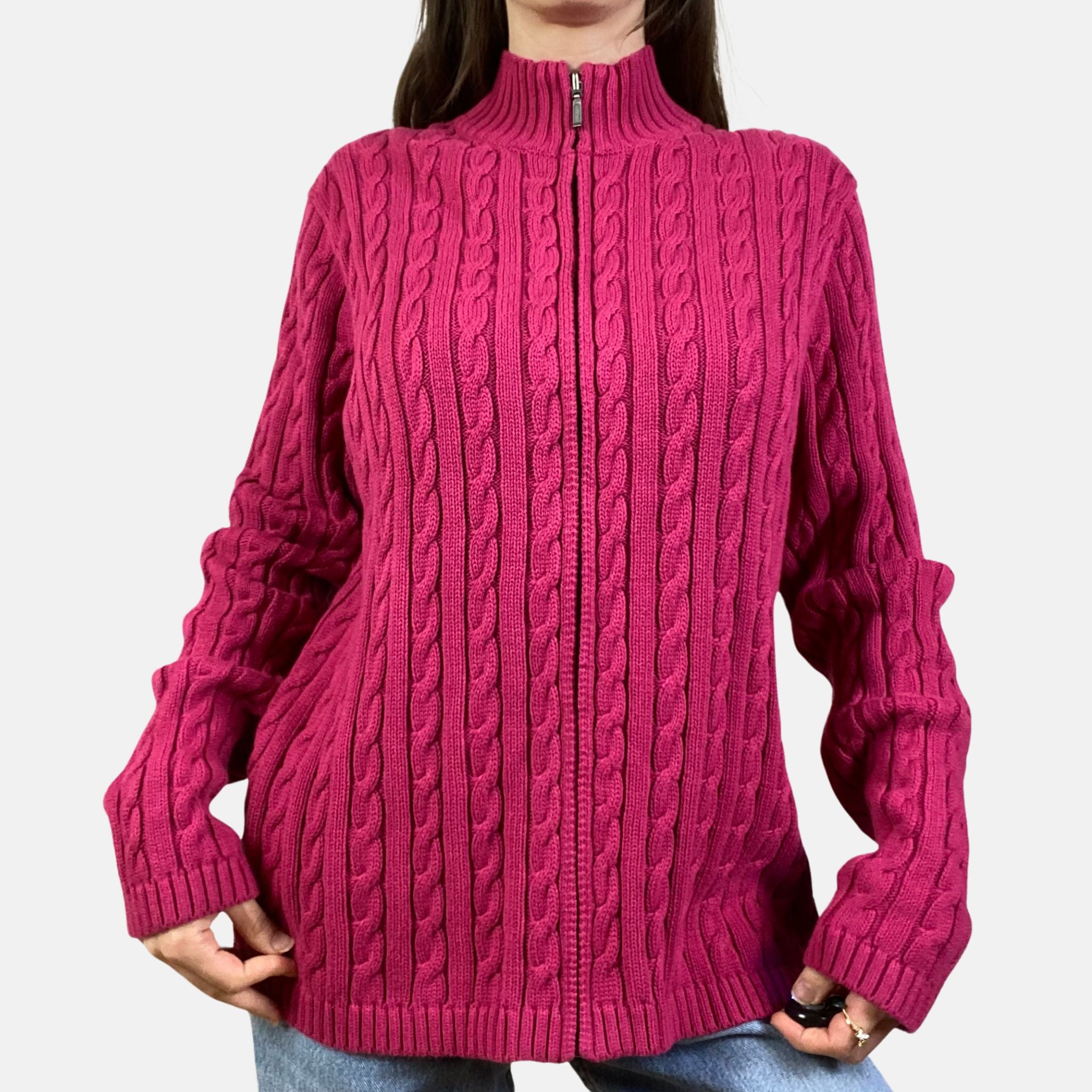 90s Cable Knit Zip Jumper - Size L - Funky Cat