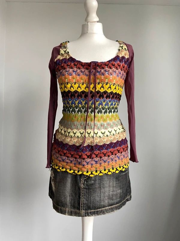 Vintage 00s Multicoloured Crochet and Mesh Top - Size M - Funky Cat