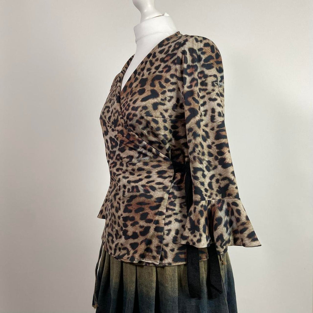 00s Leopard Print Wrap Top - Size M - Funky Cat