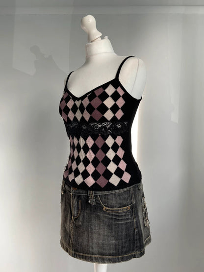 Vintage 00s Argyle Knit Top - Size S - Funky Cat
