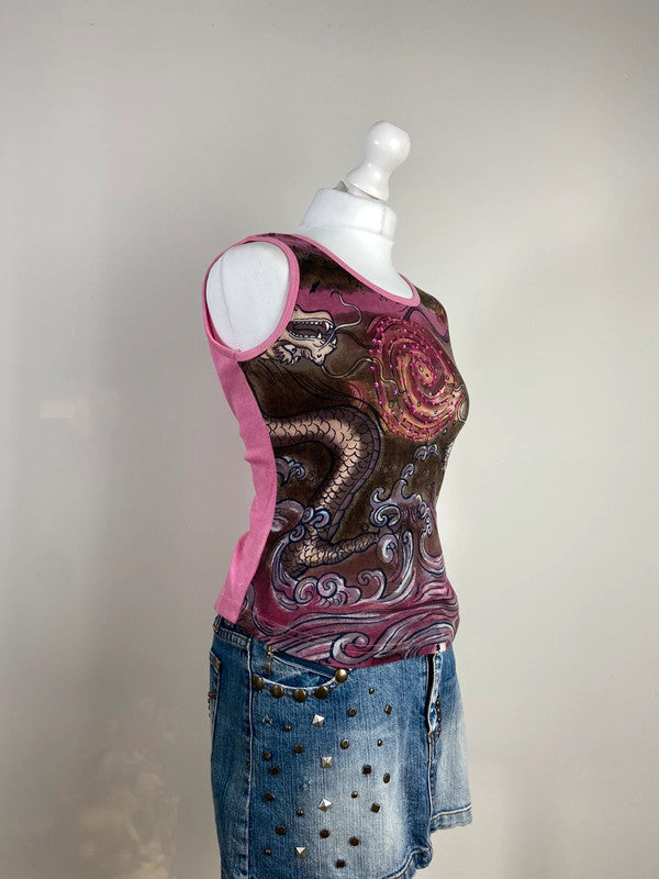 00s Graphic Printed Vest Top - Size L/XL - Funky Cat
