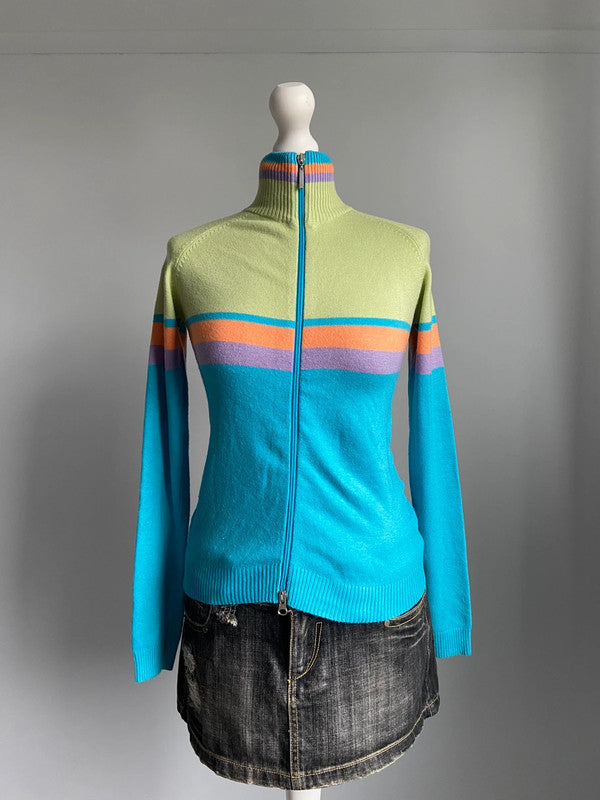 Vintage 00s Multicoloured Zip Up Jumper - Size M - Funky Cat