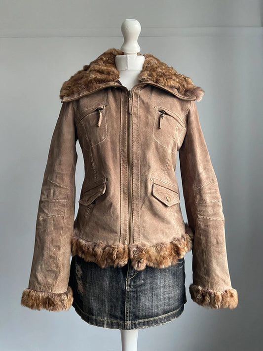 Vintage 00s Fur Trim Leather Jacket - Size M