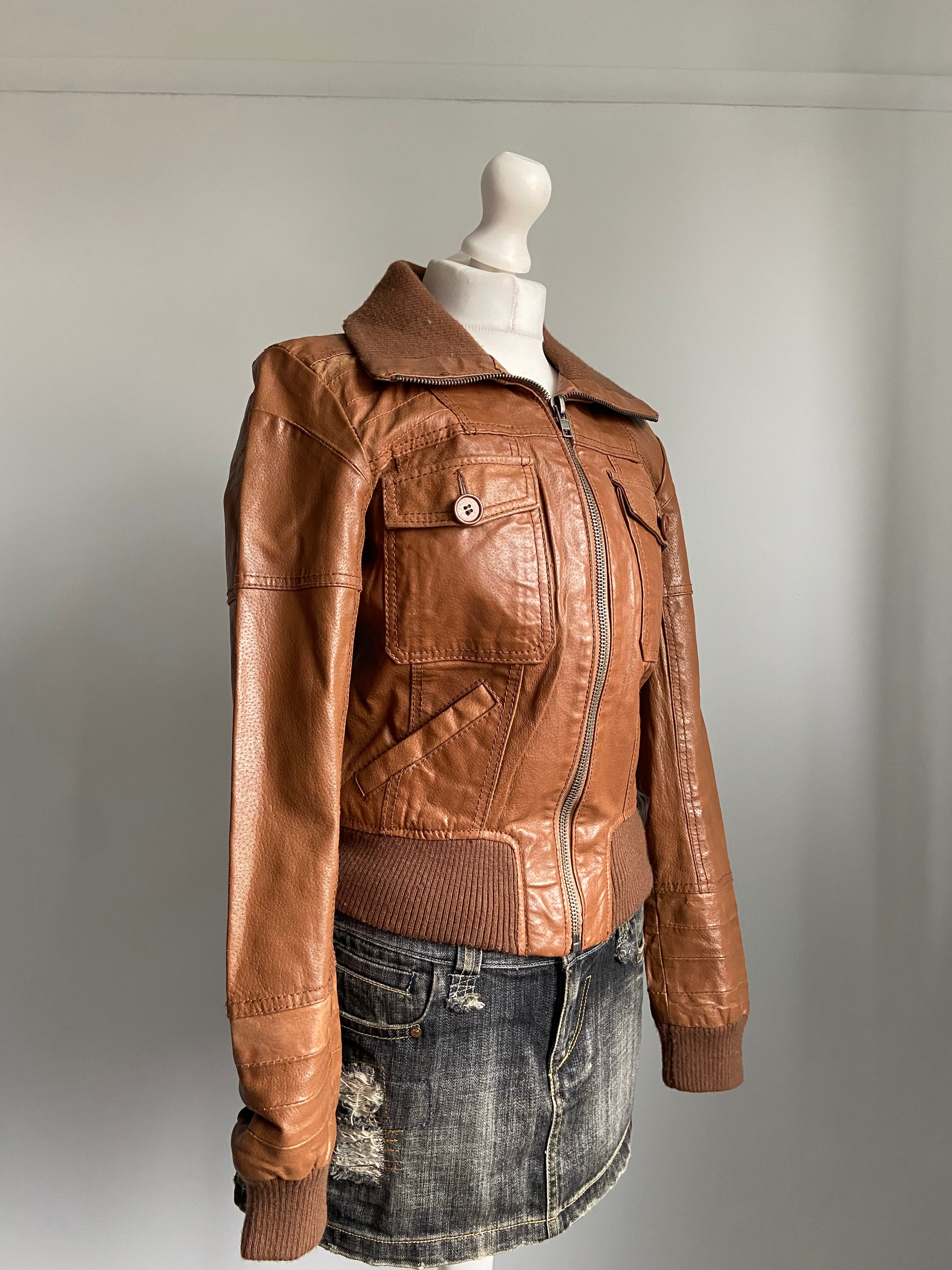 Vintage 00s Brown Leather Jacket - Size S - Funky Cat