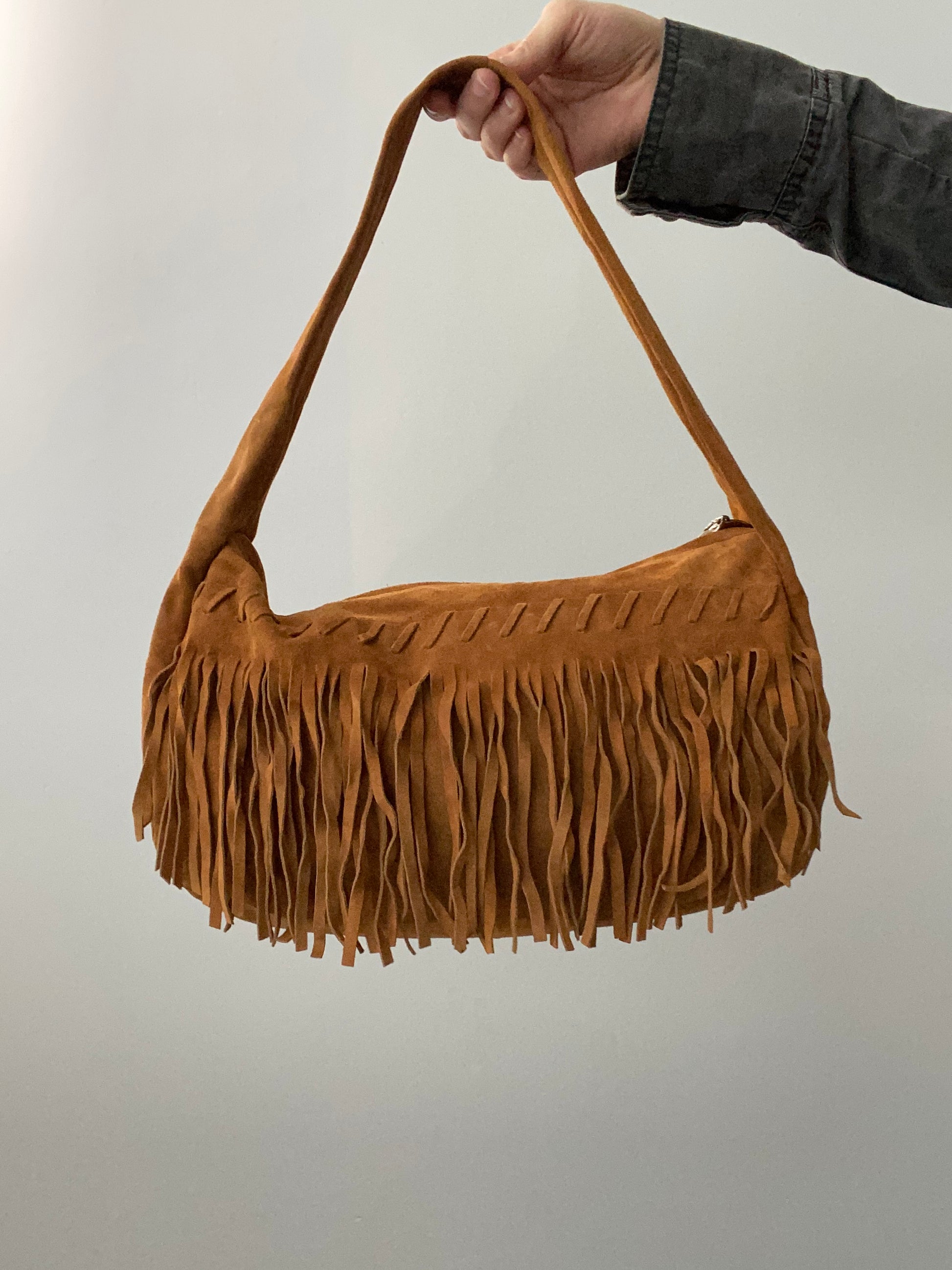 Vintage 00s Suede Fringe Shoulder Bag - Funky Cat