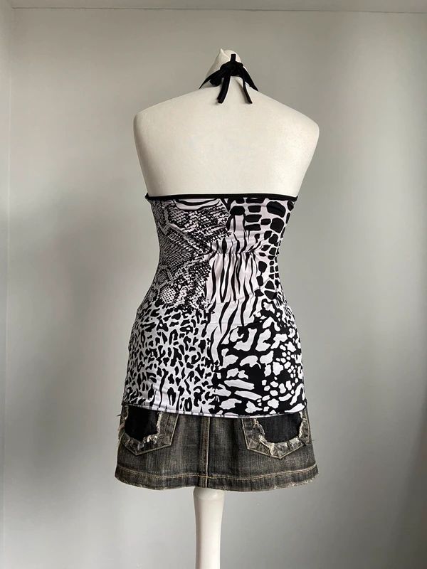 Vintage 00s Abstract Print Halterneck Top - Size S - Funky Cat