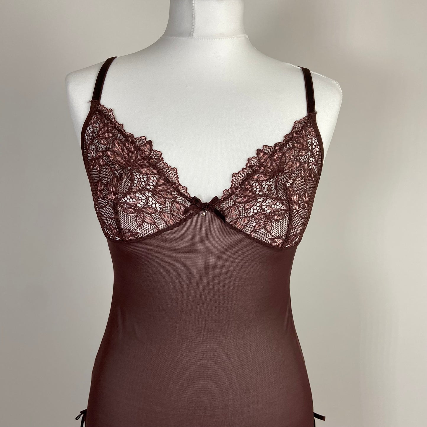 00s Brown Lace Lingerie Dress - Size S