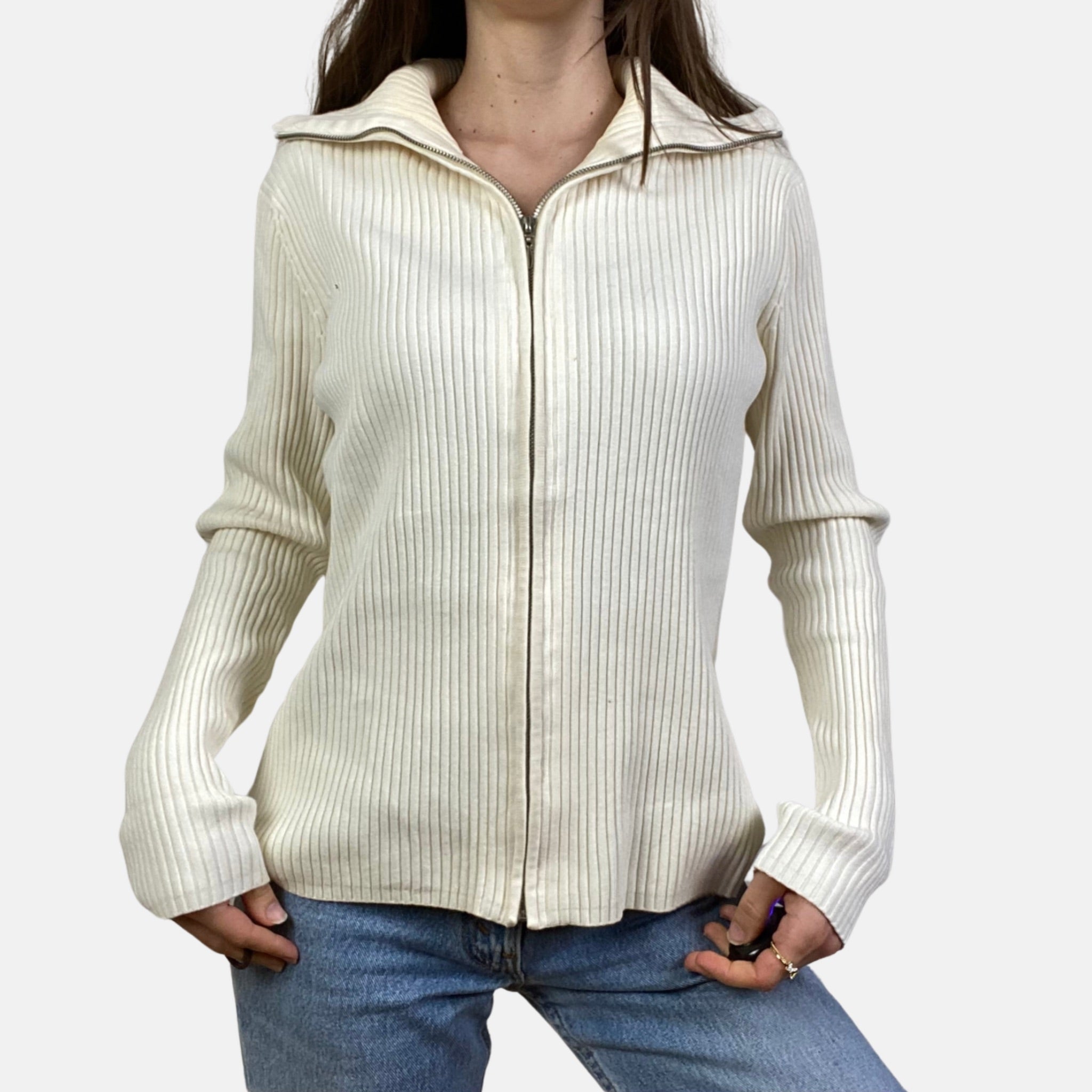 00s Ribbed Zip Jumper - Size M - Funky Cat