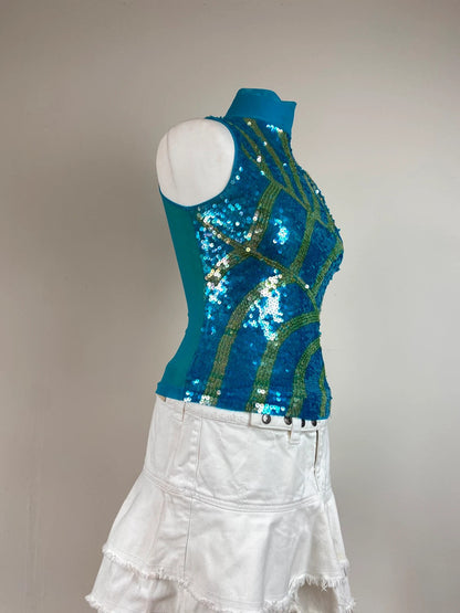 90s Blue Sequin Vest Top - Size M