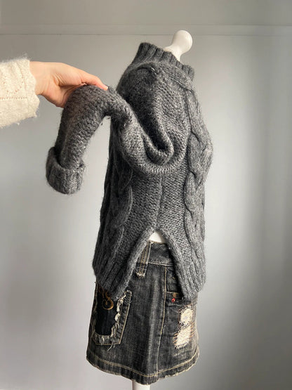 Vintage Grey Cable Knit Jumper - Size XS/S