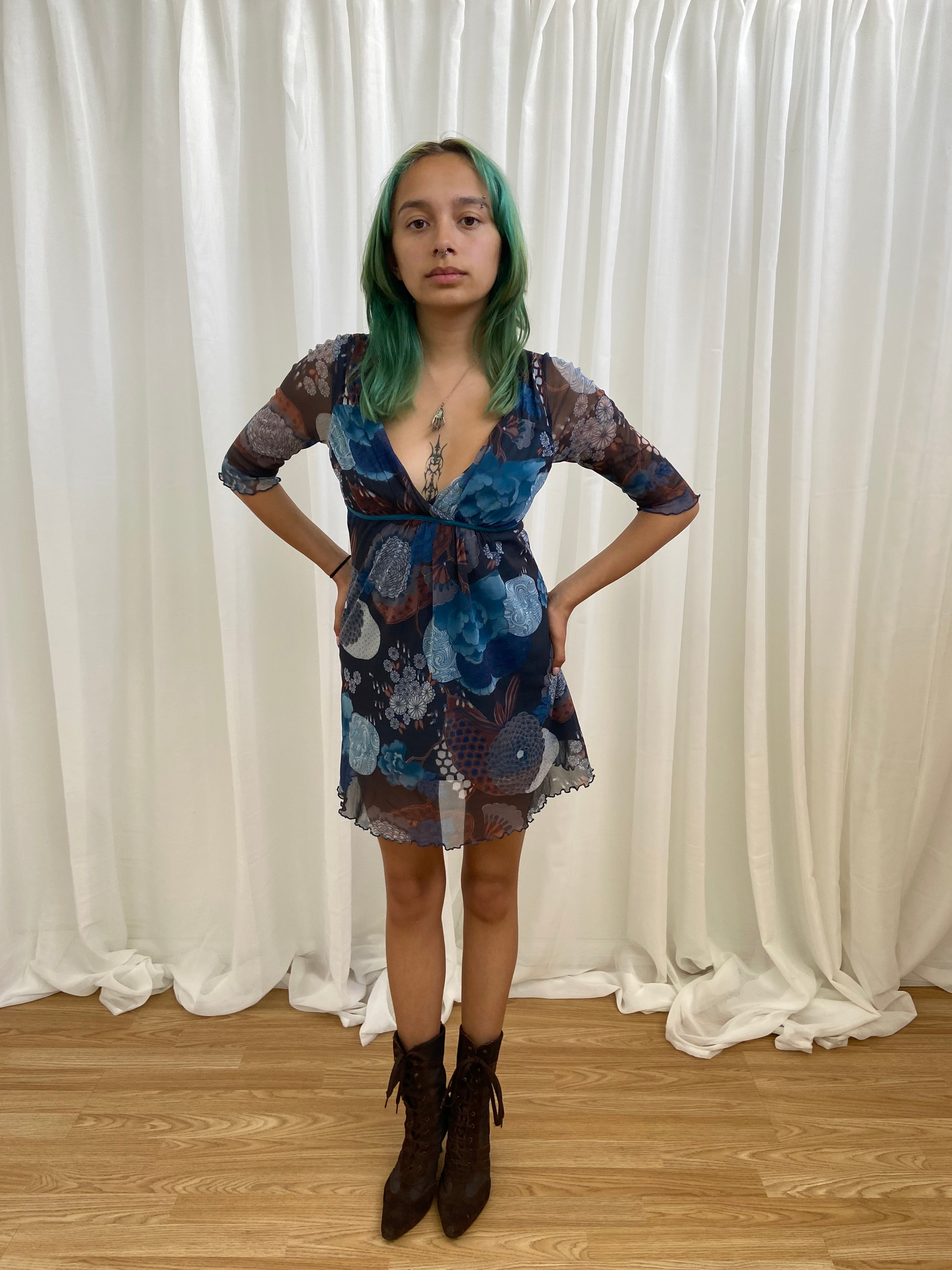 Vintage 00s Floral Mesh Dress - Size XS