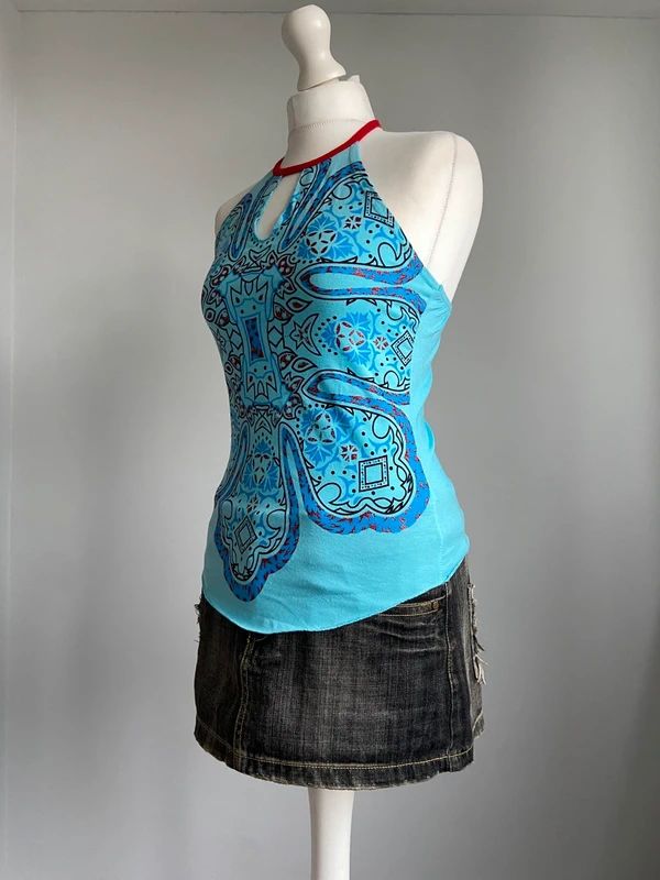 Vintage 00s Graphic Printed Flower Halterneck Top - Size S - Funky Cat