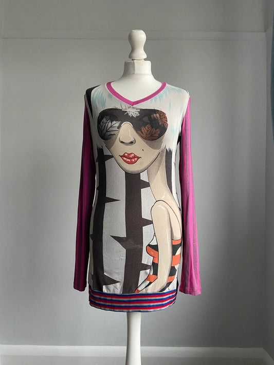 Custo Barcelona Graphic Print Striped Dress - Size S/M