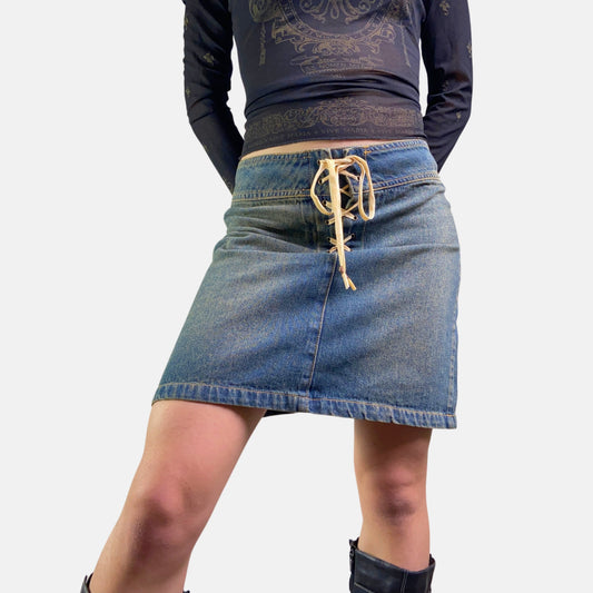 00s Tie Detail Denim Mini Skirt - Size XS