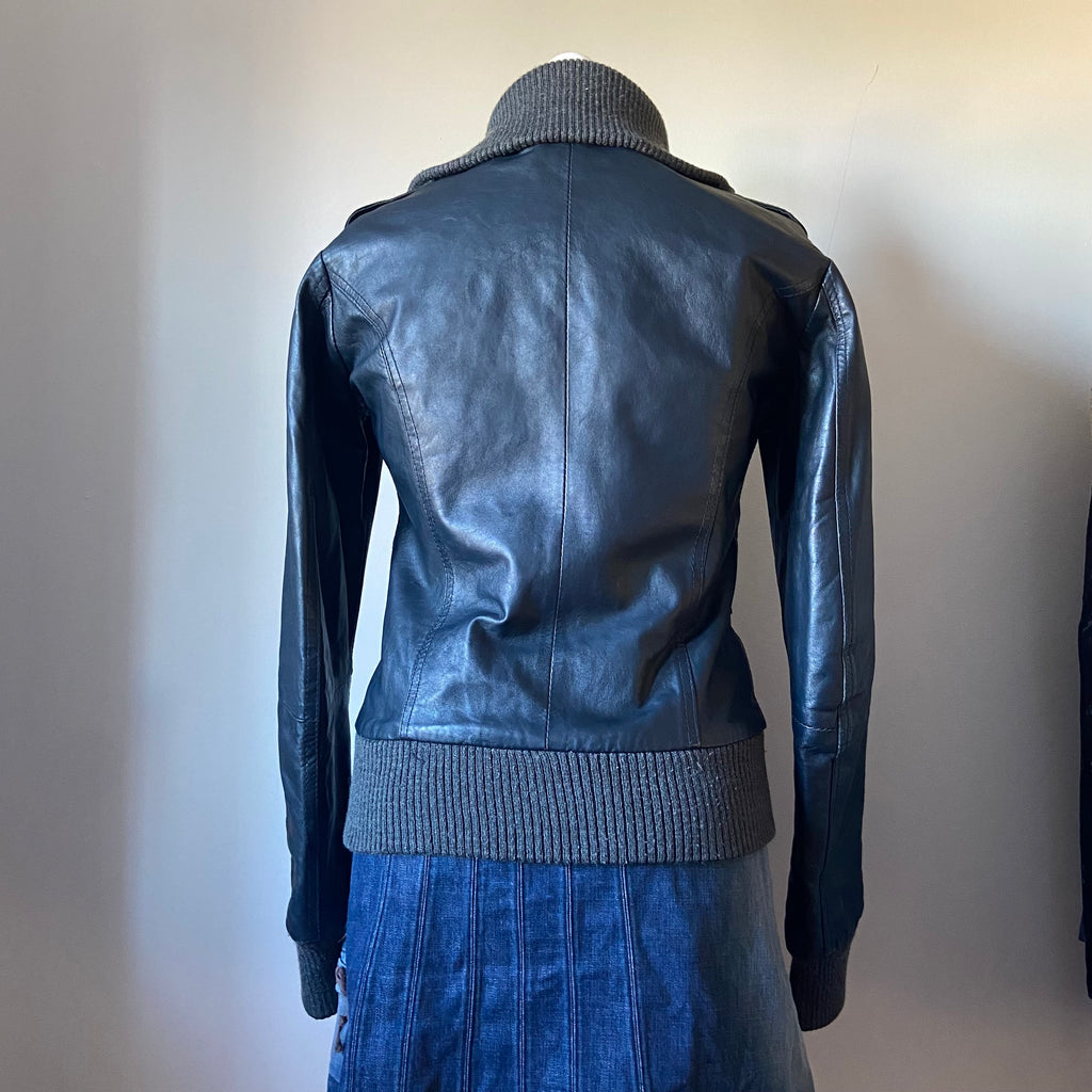 00s Blue & Grey Ruched Leather Jacket - Size M - Funky Cat