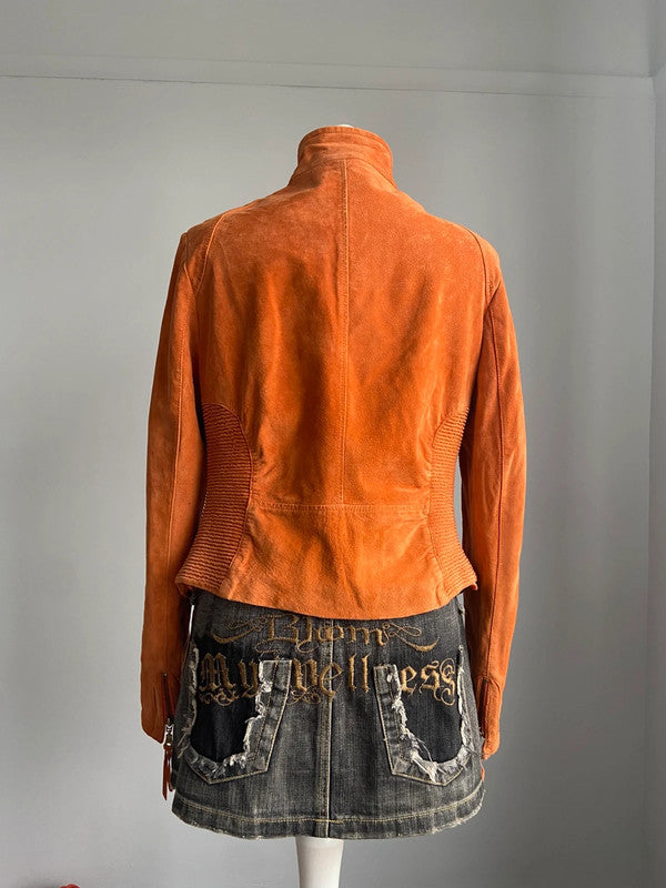 Vintage 00s Orange Suede Racer Jacket - Size L - Funky Cat