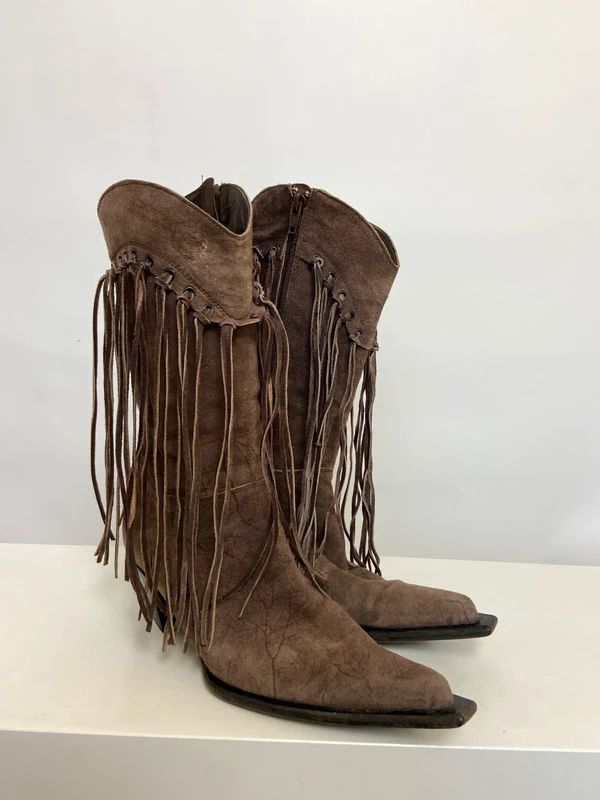 Vintage Boho Hippie Suede Fringe Boots - Size UK 4