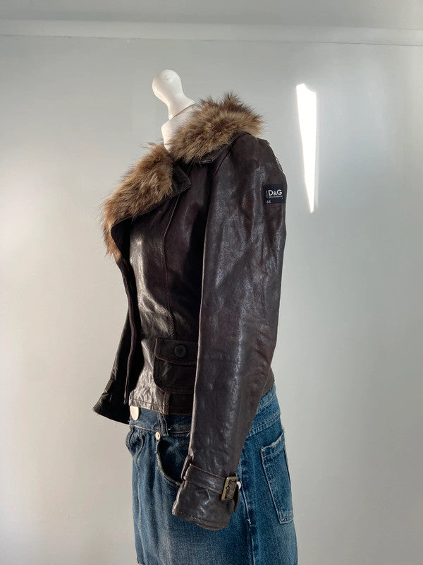 Vintage 00s Fur Trim Leather Jacket - Size S - Funky Cat