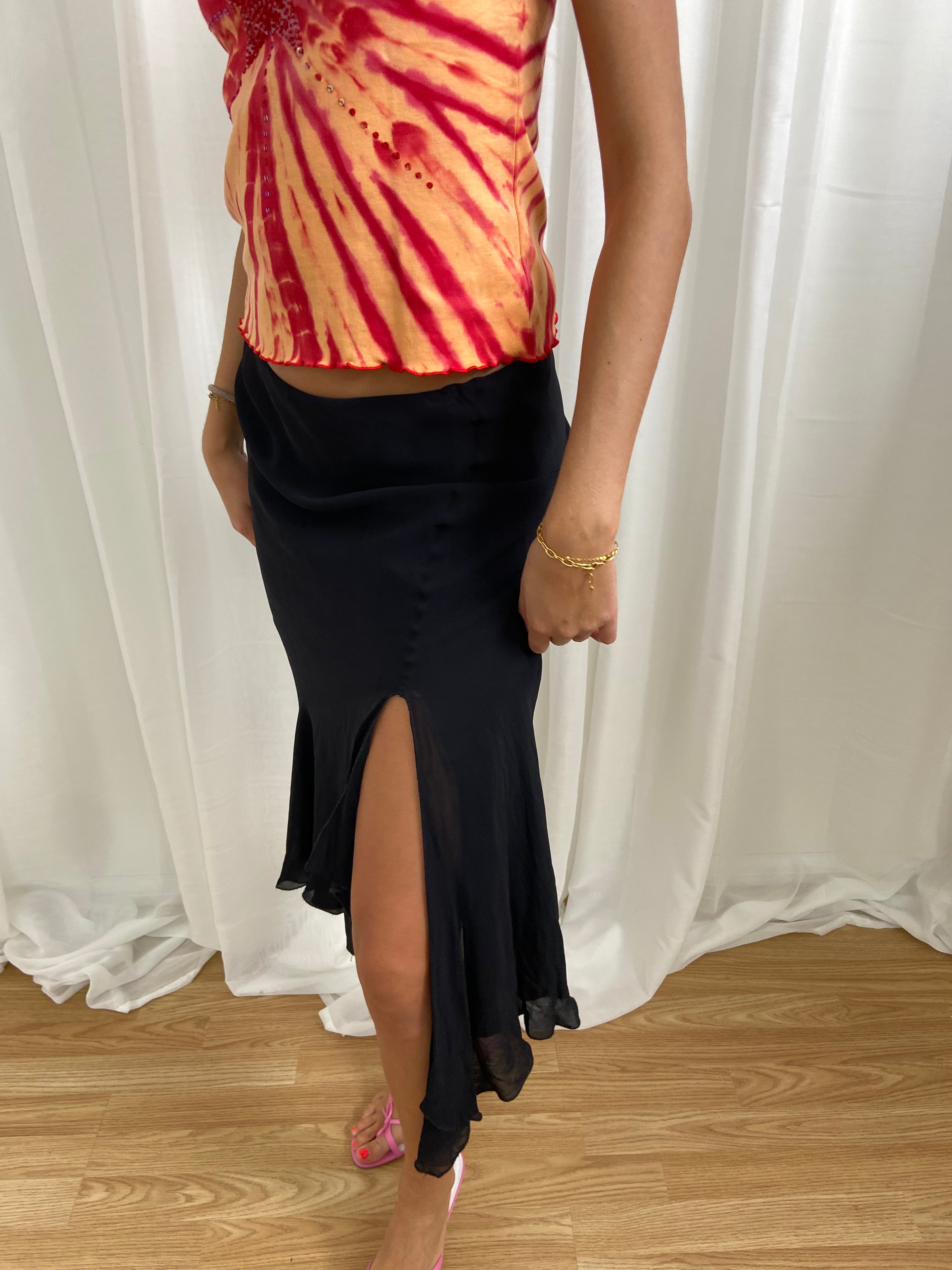Vintage 00s Black Asymmetrical Mesh Skirt - Size UK 8