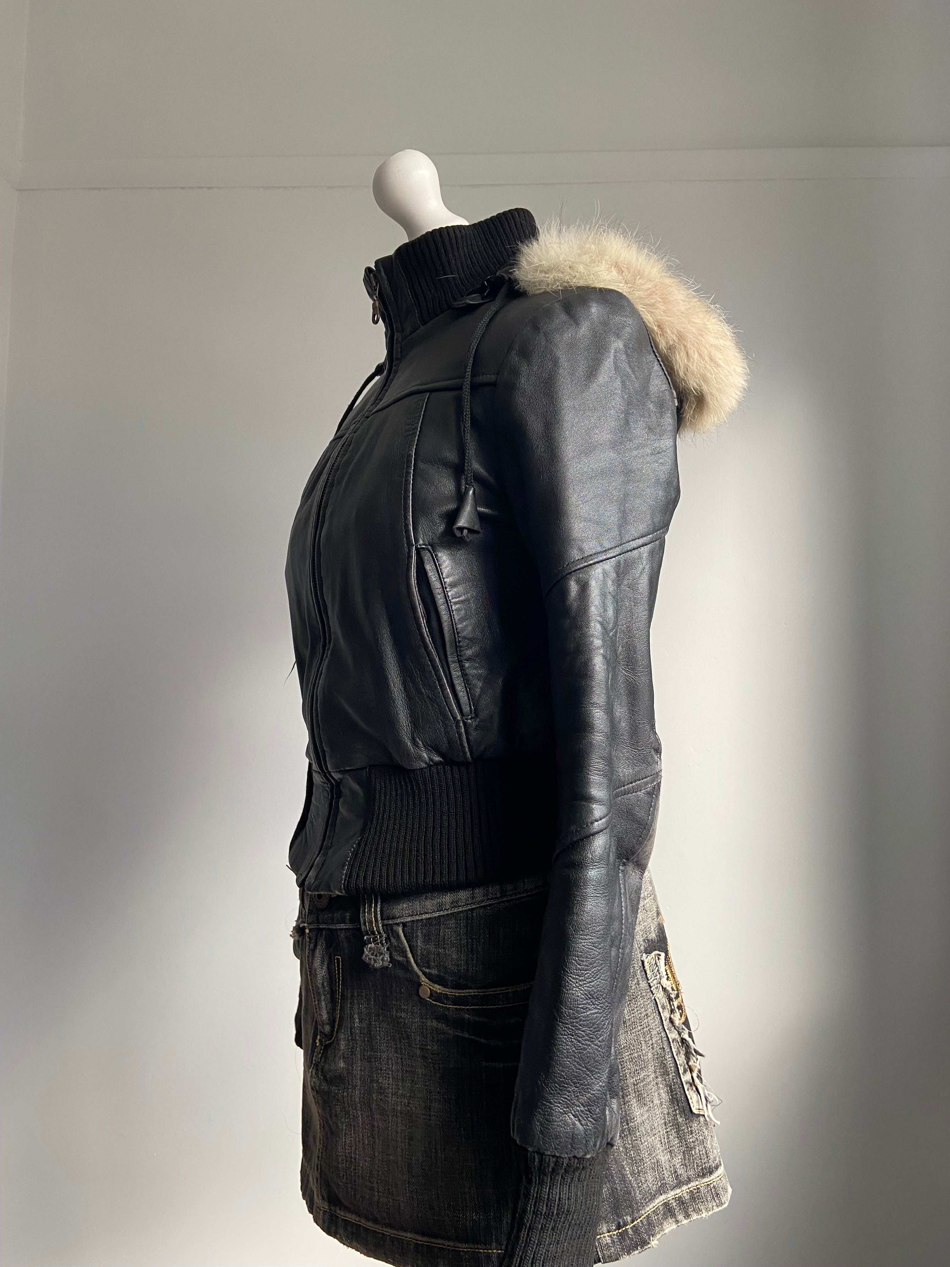 Vintage 00s Fur Hooded Leather Jacket - Size S