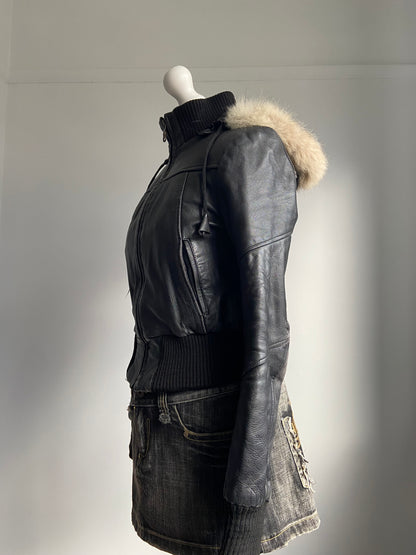 Vintage 00s Fur Hooded Leather Jacket - Size S