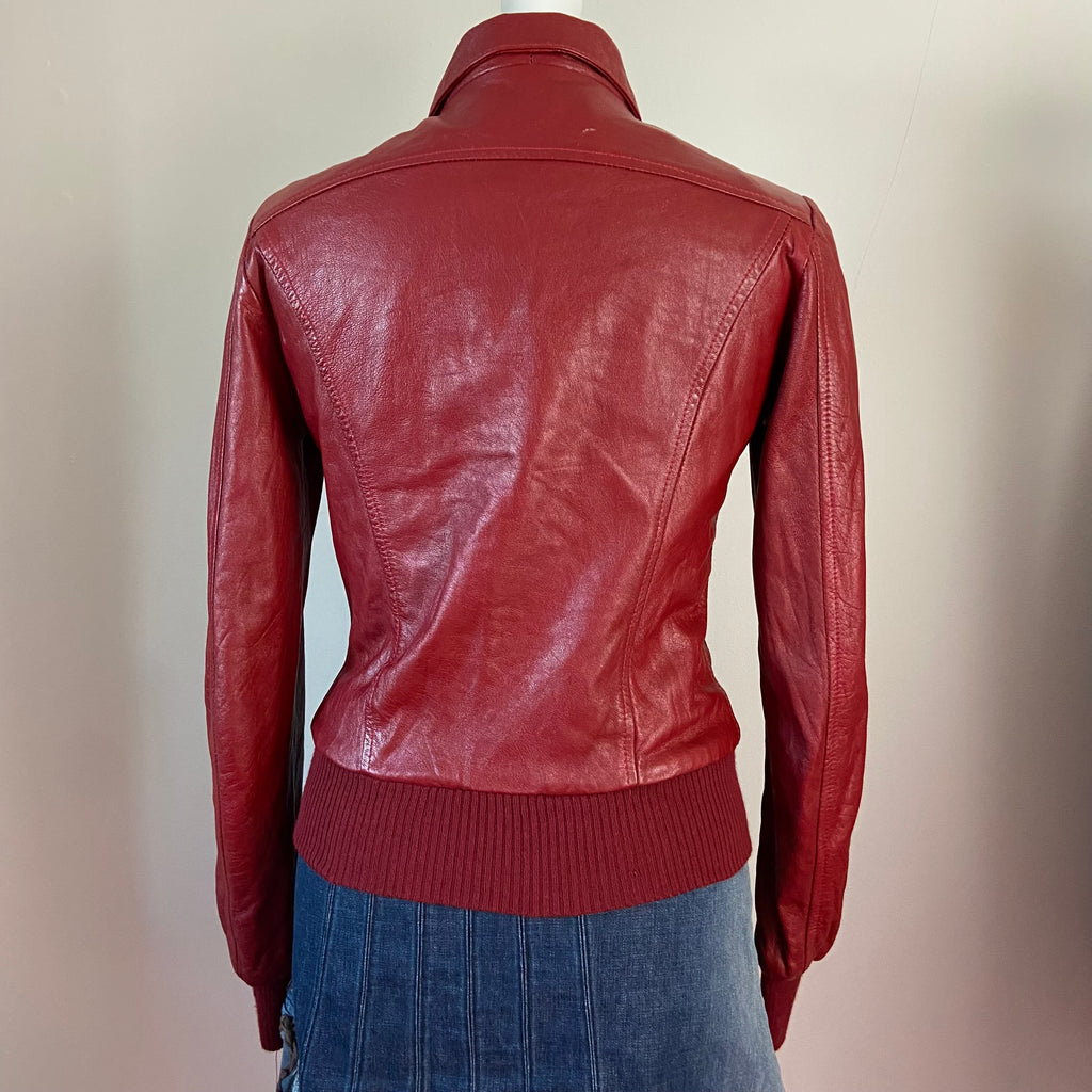 00s Burgundy Leather Jacket - Size S - Funky Cat